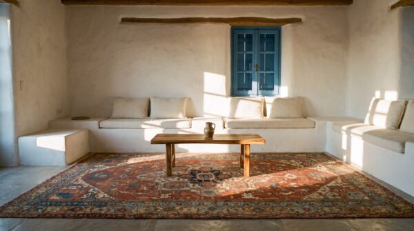 Coral late 19th century antique rustic persian heriz serapi medallion rug 8 Coral late 19th century antique rustic persian heriz serapi medallion rug (sku 24431) - room view