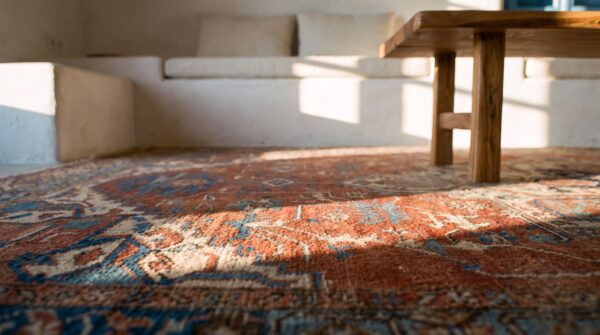 Coral late 19th century antique rustic persian heriz serapi medallion rug 9 Coral late 19th century antique rustic persian heriz serapi medallion rug (sku 24431) - in-room detail