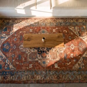 Coral Late 19th Century Antique Rustic Persian Heriz Serapi Medallion Rug (SKU 24431) - styled overhead view
