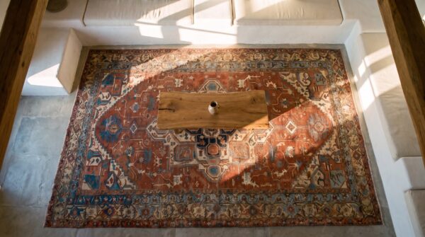 Coral late 19th century antique rustic persian heriz serapi medallion rug 2 Coral late 19th century antique rustic persian heriz serapi medallion rug (sku 24431) - styled overhead view