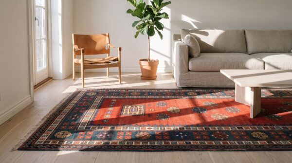 Coral antique long and narrow caucasian kazak knotted wool pile rug 9 Coral antique long and narrow caucasian kazak knotted wool pile rug (sku 21082) - room view