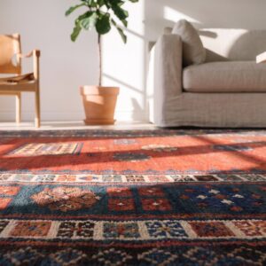 Coral Antique Long and Narrow Caucasian Kazak Knotted Wool Pile Rug (SKU 21082) - in-room detail