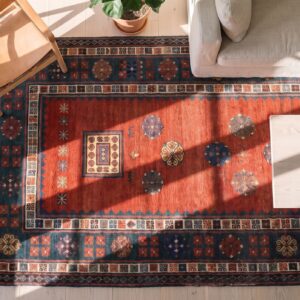 Coral Antique Long and Narrow Caucasian Kazak Knotted Wool Pile Rug (SKU 21082) - styled overhead view