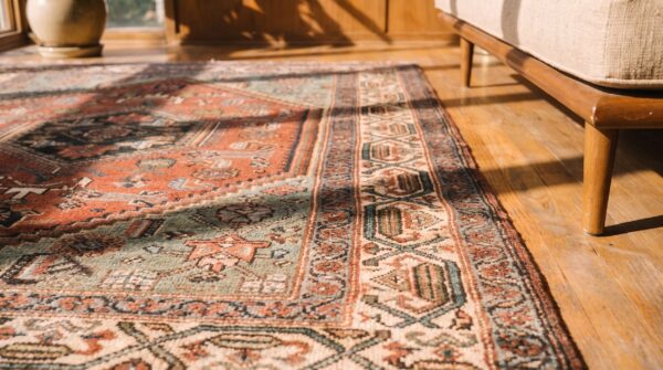Antique coral malayer small scatter size wool rug 4 Antique coral malayer small scatter size wool rug (sku 21206) - in-room detail
