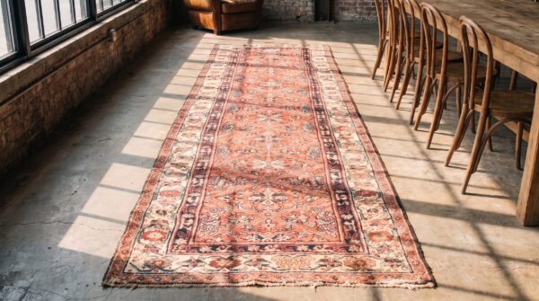 Coral antique n. W. Persian hallway runner rug, 1830s 2 Coral antique n. W. Persian hallway runner rug, 1830s (sku 21397) - styled overhead view