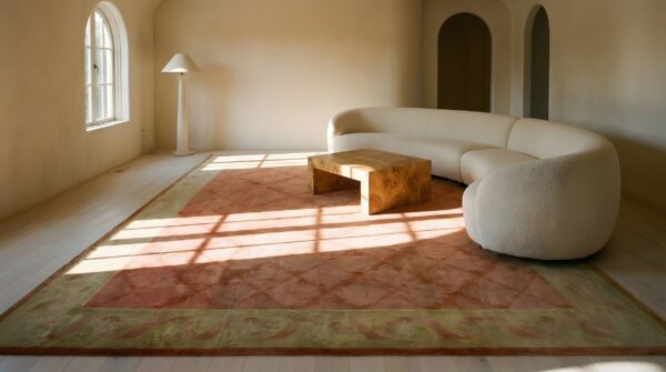 Coral antique oversized savonnerie french allover geometric knotted rug (sku 24055) - in-room detail