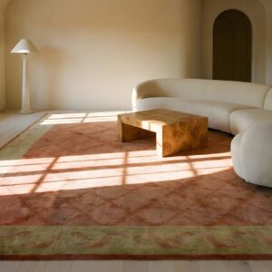 Coral Antique Oversized Savonnerie French Allover Geometric Knotted Rug (SKU 24055) - styled overhead view