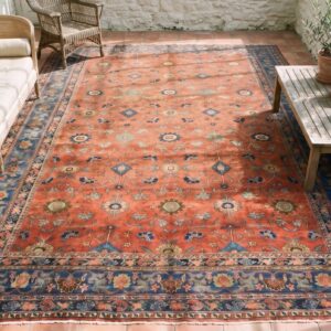 Antique Coral Persian Bidjar Rug - Rustic Large Scale Tribal Design (SKU 22418) - styled overhead view