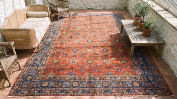 Antique coral persian bidjar rug - rustic large scale tribal design 2 Antique coral persian bidjar rug - rustic large scale tribal design (sku 22418) - styled overhead view