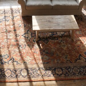 Coral Antique Persian Mahal Sultanabad Rug - Rustic Room Size (SKU 17820) - styled overhead view