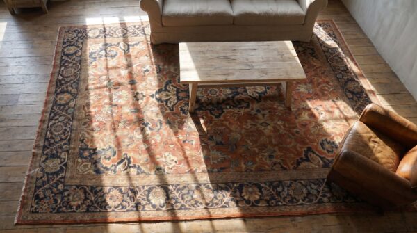 Coral antique persian mahal sultanabad rug - rustic room size 2 Coral antique persian mahal sultanabad rug - rustic room size (sku 17820) - styled overhead view