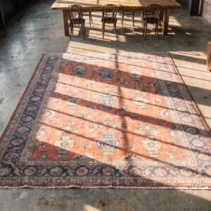 Coral Antique Persian Room Size Vase Design Kerman Rug (SKU 20289) - styled overhead view