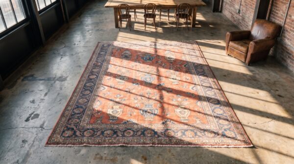 Coral antique persian room size vase design kerman rug 2 Coral antique persian room size vase design kerman rug (sku 20289) - styled overhead view