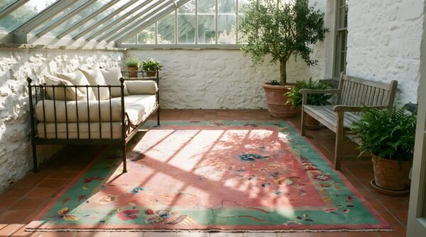 Coral rectangle hand knotted pile 1920s wool antique rug 8 Coral rectangle hand knotted pile 1920s wool antique rug (sku 24926) - room view