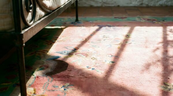 Coral rectangle hand knotted pile 1920s wool antique rug 9 Coral rectangle hand knotted pile 1920s wool antique rug (sku 24926) - in-room detail
