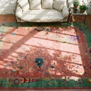 Coral Rectangle Hand Knotted Pile 1920s Wool Antique Rug (SKU 24926) - styled overhead view