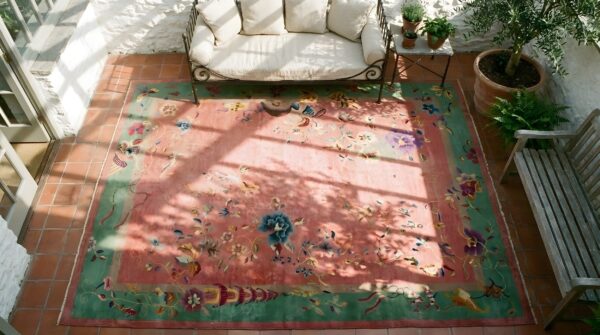 Coral rectangle hand knotted pile 1920s wool antique rug 2 Coral rectangle hand knotted pile 1920s wool antique rug (sku 24926) - styled overhead view