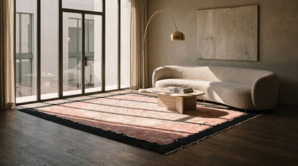Coral room size chinese art deco wool antique rectangle 1920s knotted rug 9 Coral room size chinese art deco wool antique rectangle 1920s knotted rug (sku 22412) - room view