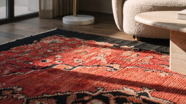 Coral room size chinese art deco wool antique rectangle 1920s knotted rug 10 Coral room size chinese art deco wool antique rectangle 1920s knotted rug (sku 22412) - in-room detail