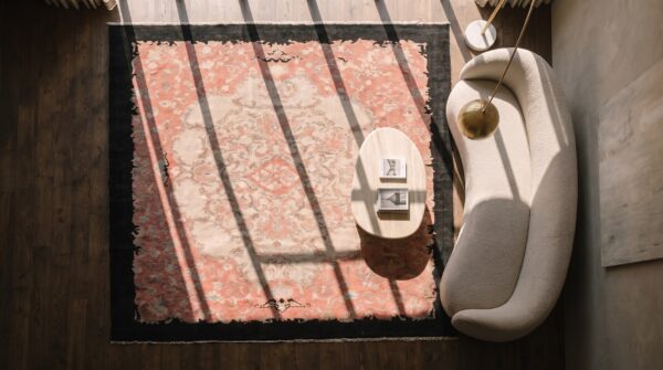 Coral room size chinese art deco wool antique rectangle 1920s knotted rug 2 Coral room size chinese art deco wool antique rectangle 1920s knotted rug (sku 22412) - styled overhead view