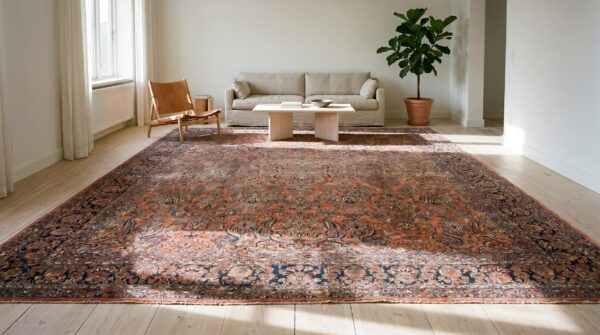 Coral rustic floral antique huge oversized fine floral persian sarouk carpet 10 Coral rustic floral antique huge oversized fine floral persian sarouk carpet (sku 17505) - room view