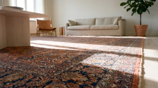 Coral rustic floral antique huge oversized fine floral persian sarouk carpet 11 Coral rustic floral antique huge oversized fine floral persian sarouk carpet (sku 17505) - in-room detail