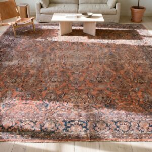Coral Rustic Floral Antique Huge Oversized Fine Floral Persian Sarouk Carpet (SKU 17505) - styled overhead view
