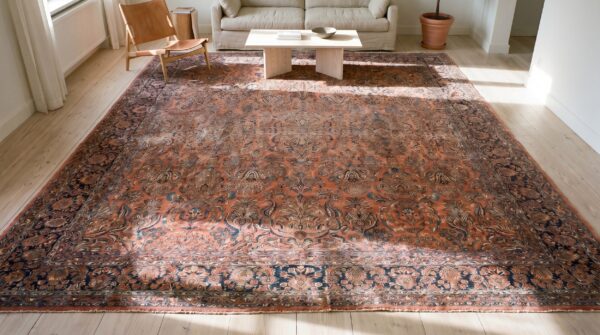 Coral rustic floral antique huge oversized fine floral persian sarouk carpet 2 Coral rustic floral antique huge oversized fine floral persian sarouk carpet (sku 17505) - styled overhead view