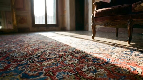 Coral rustic herati pattern antique large long and narrow persian tabriz gallery rug (sku 24463) - in-room detail