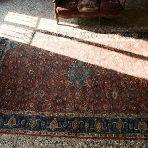 Coral Rustic Herati Pattern Antique Large Long and Narrow Persian Tabriz Gallery Rug (SKU 24463) - styled overhead view