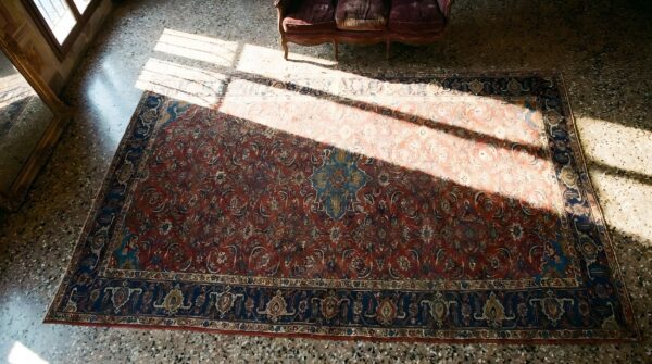 Coral rustic herati pattern antique large long and narrow persian tabriz gallery rug (sku 24463) - styled overhead view