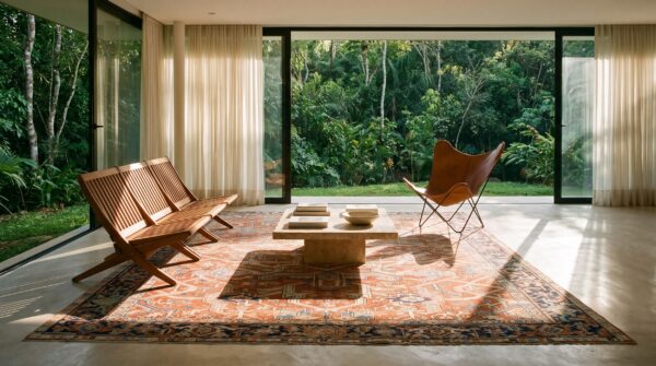 Coral rustic late 19th century tribal antique persian geometric heriz serapi rug 7 Coral rustic late 19th century tribal antique persian geometric heriz serapi rug (sku 25063) - room view