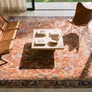 Coral Rustic Late 19th Century Tribal Antique Persian Geometric Heriz Serapi Rug (SKU 25063) - styled overhead view
