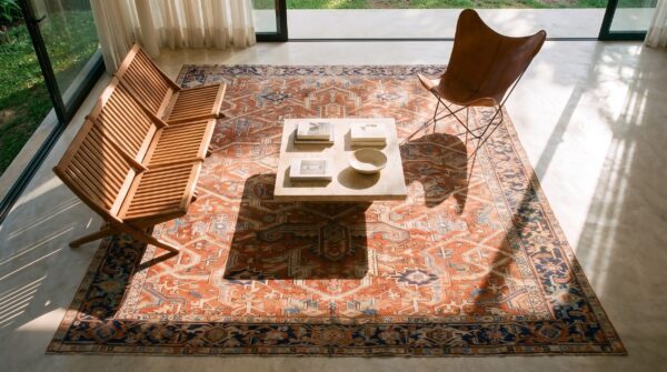 Coral rustic late 19th century tribal antique persian geometric heriz serapi rug 2 Coral rustic late 19th century tribal antique persian geometric heriz serapi rug (sku 25063) - styled overhead view