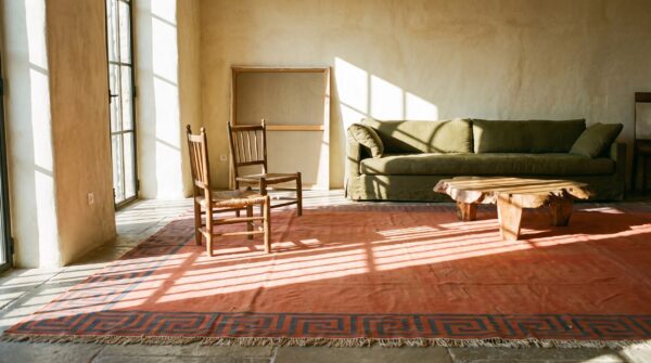 Coral rustic open field antique indian room size cotton dhurrie rug 7 Coral rustic open field antique indian room size cotton dhurrie rug (sku 22081) - room view