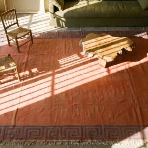 Coral Rustic Open Field Antique Indian Room Size Cotton Dhurrie Rug (SKU 22081) - styled overhead view