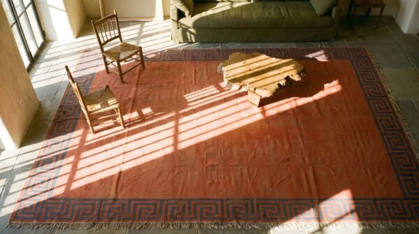 Coral rustic open field antique indian room size cotton dhurrie rug 2 Coral rustic open field antique indian room size cotton dhurrie rug (sku 22081) - styled overhead view