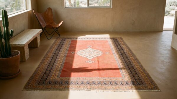 Coral rustic open field antique persian flat weave senneh kilim medallion rug 4 Coral rustic open field antique persian flat weave senneh kilim medallion rug (sku 19953) - room view