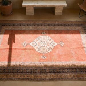 Coral Rustic Open Field Antique Persian Flat Weave Senneh Kilim Medallion Rug (SKU 19953) - styled overhead view