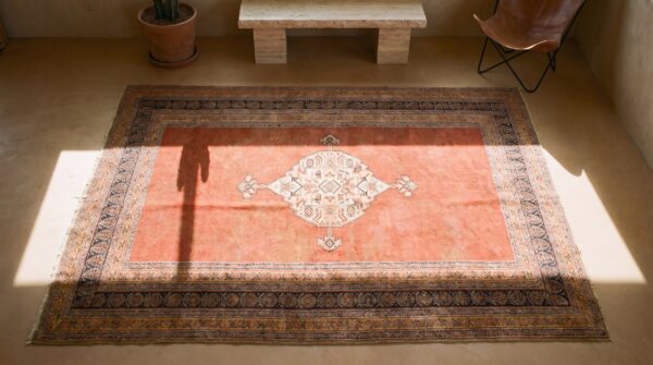 Coral rustic open field antique persian flat weave senneh kilim medallion rug 2 Coral rustic open field antique persian flat weave senneh kilim medallion rug (sku 19953) - styled overhead view