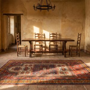 Coral Rustic Antique Tribal Geometric Islamic Prayer Decian Caucasian Kazak Rug (SKU 19658) - room view