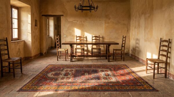 Coral rustic antique tribal geometric islamic prayer decian caucasian kazak rug 7 Coral rustic antique tribal geometric islamic prayer decian caucasian kazak rug (sku 19658) - room view