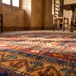 Coral Rustic Antique Tribal Geometric Islamic Prayer Decian Caucasian Kazak Rug (SKU 19658) - in-room detail