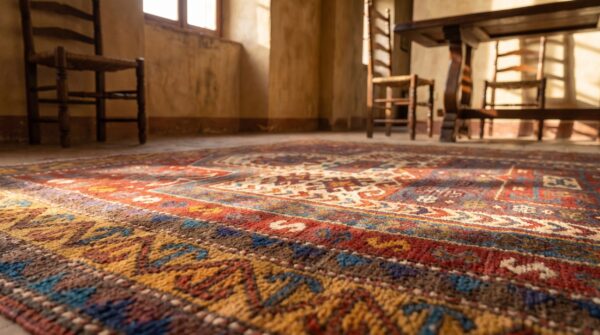 Coral rustic antique tribal geometric islamic prayer decian caucasian kazak rug 8 Coral rustic antique tribal geometric islamic prayer decian caucasian kazak rug (sku 19658) - in-room detail