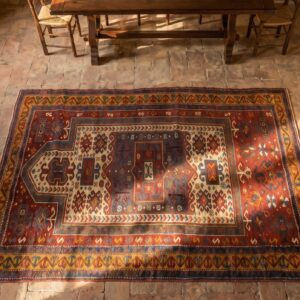Coral Rustic Antique Tribal Geometric Islamic Prayer Decian Caucasian Kazak Rug (SKU 19658) - styled overhead view