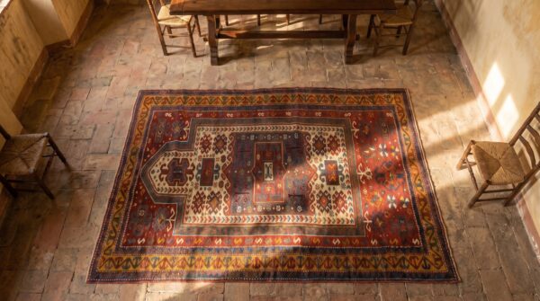 Coral rustic antique tribal geometric islamic prayer decian caucasian kazak rug 2 Coral rustic antique tribal geometric islamic prayer decian caucasian kazak rug (sku 19658) - styled overhead view