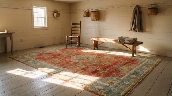 Coral rustic tribal antique late 19th century turkish oushak area rug (sku 24807) - room view