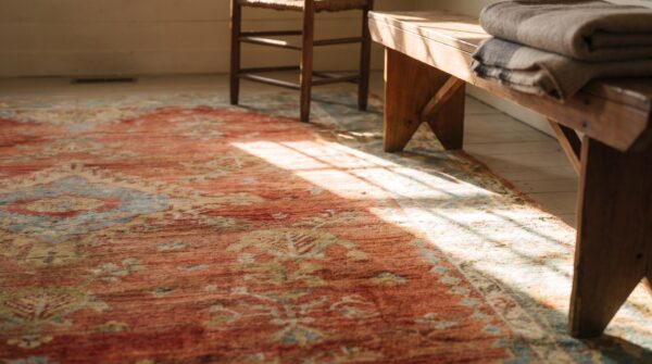 Coral rustic tribal antique late 19th century turkish oushak area rug (sku 24807) - in-room detail