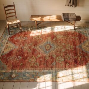 Coral Rustic Tribal Antique Late 19th Century Turkish Oushak Area Rug (SKU 24807) - styled overhead view