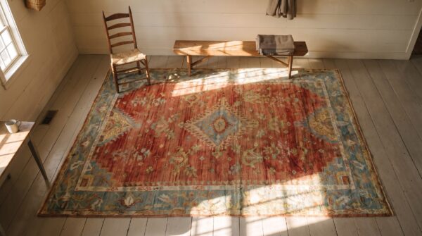 Coral rustic tribal antique late 19th century turkish oushak area rug (sku 24807) - styled overhead view